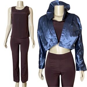 Vintage 90s Dianaira Brown & Blue Set w/ Crop Bolero Ruffle Jacket (M)